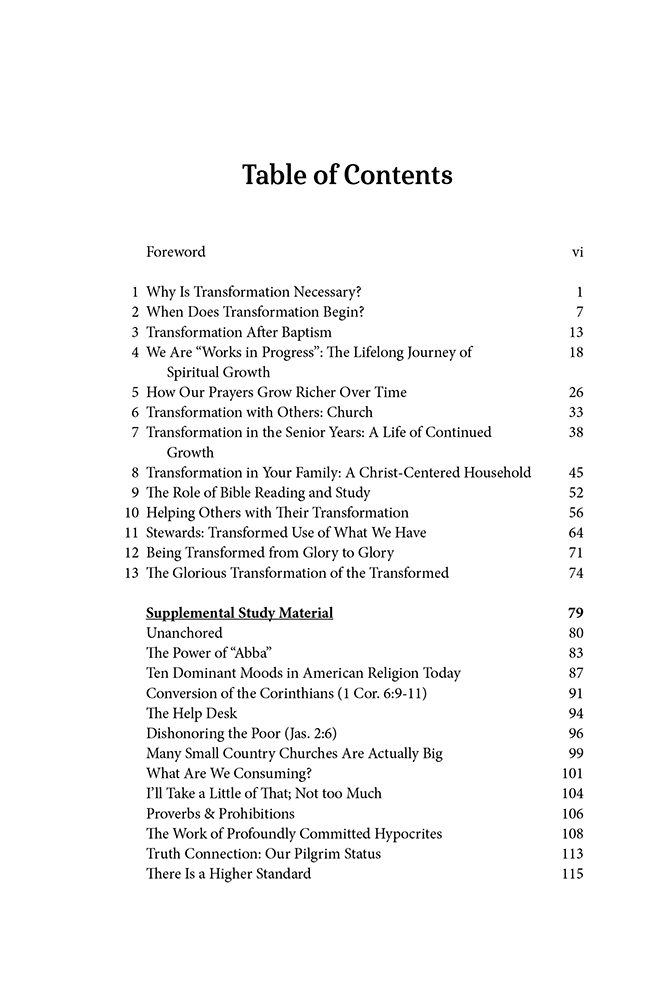 Transformation: The Journey of a Good Life (table of contents)